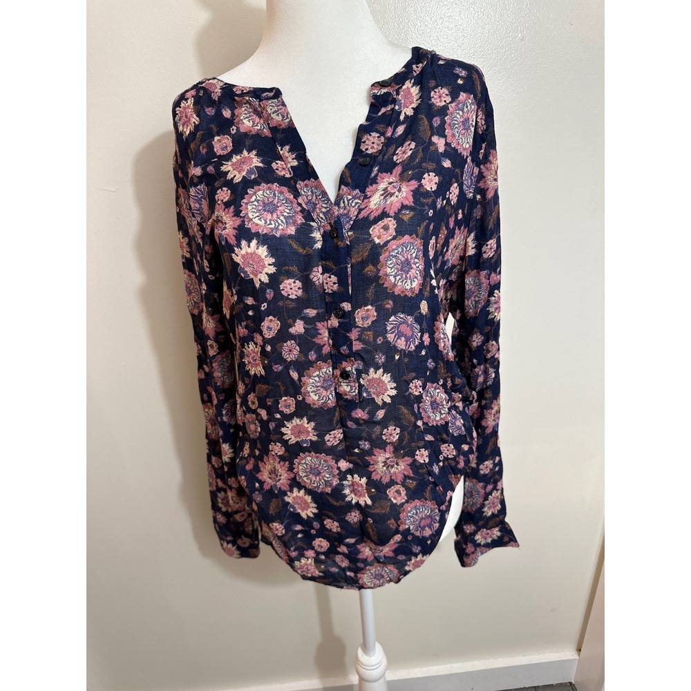Lucky Brand Women Navy Pink Floral Medallion Viscose Long Sleeve Blouse Small